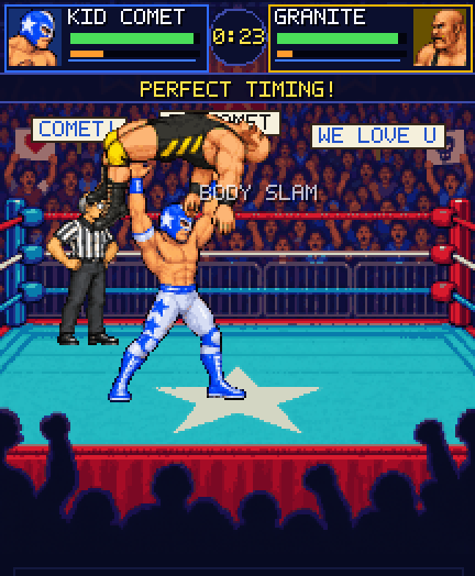 A body slam in the ring, the crowd behind.
